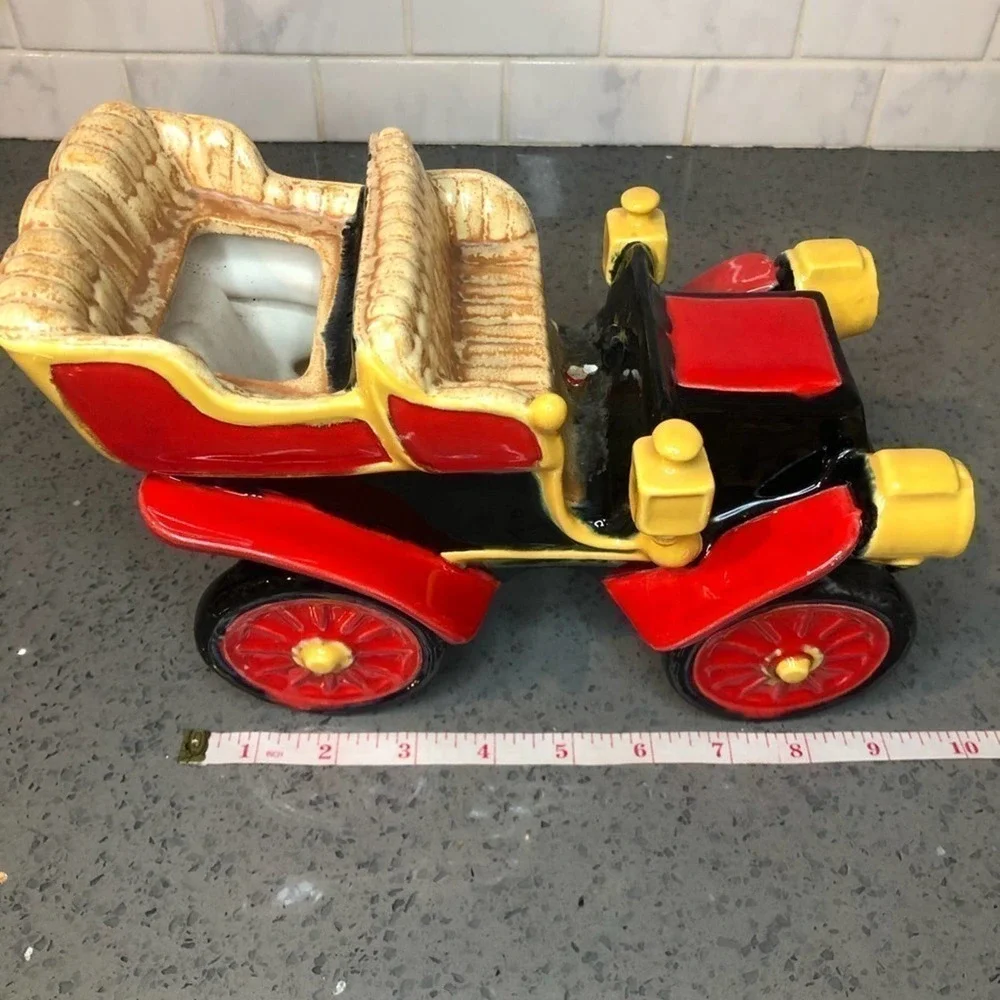 Vintage Ceramic Car Planter Antique Auto Red Yellow Retro Kitsch Succulent Pot